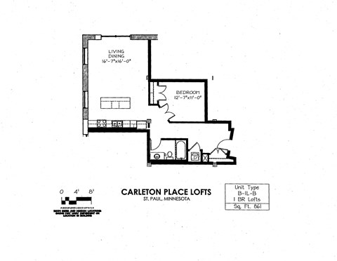 Floor plan for 1 bed, 1 bath, 861 sqft